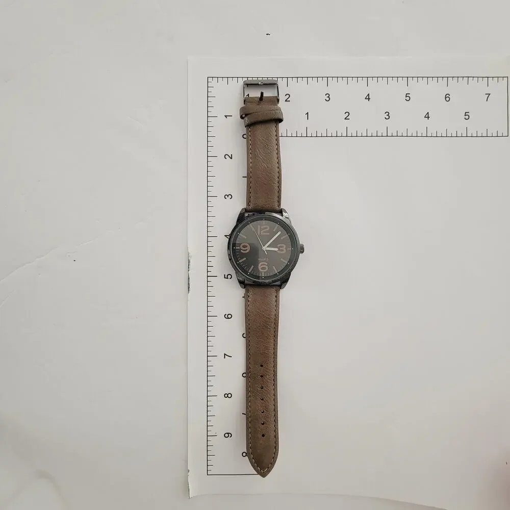 Mens Watch Black Dial 40mm Black Case Brown Faux Leather Strap Quartz Casual